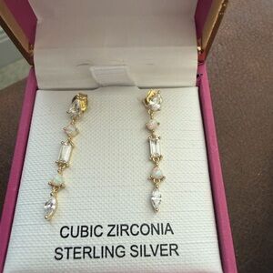 Sterling Silver Gold-Tone Opal Drop Earrings with Cubic Zirconia